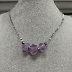 Amethyst Necklace Natural Gemstone Crystal Pendants Stainless-Steel Chain 20"